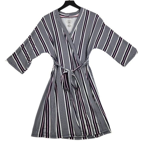 Laura Ashley Dresses & Skirts - Laura Ashley Wrap Dress Size Medium Blue White Pink Striped 3/4 Sleeve